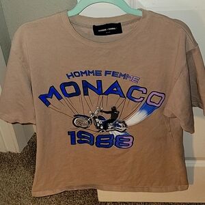 Light weight cotton short sleeve tee in grey. Rib knit crew collar. Monaco Biker